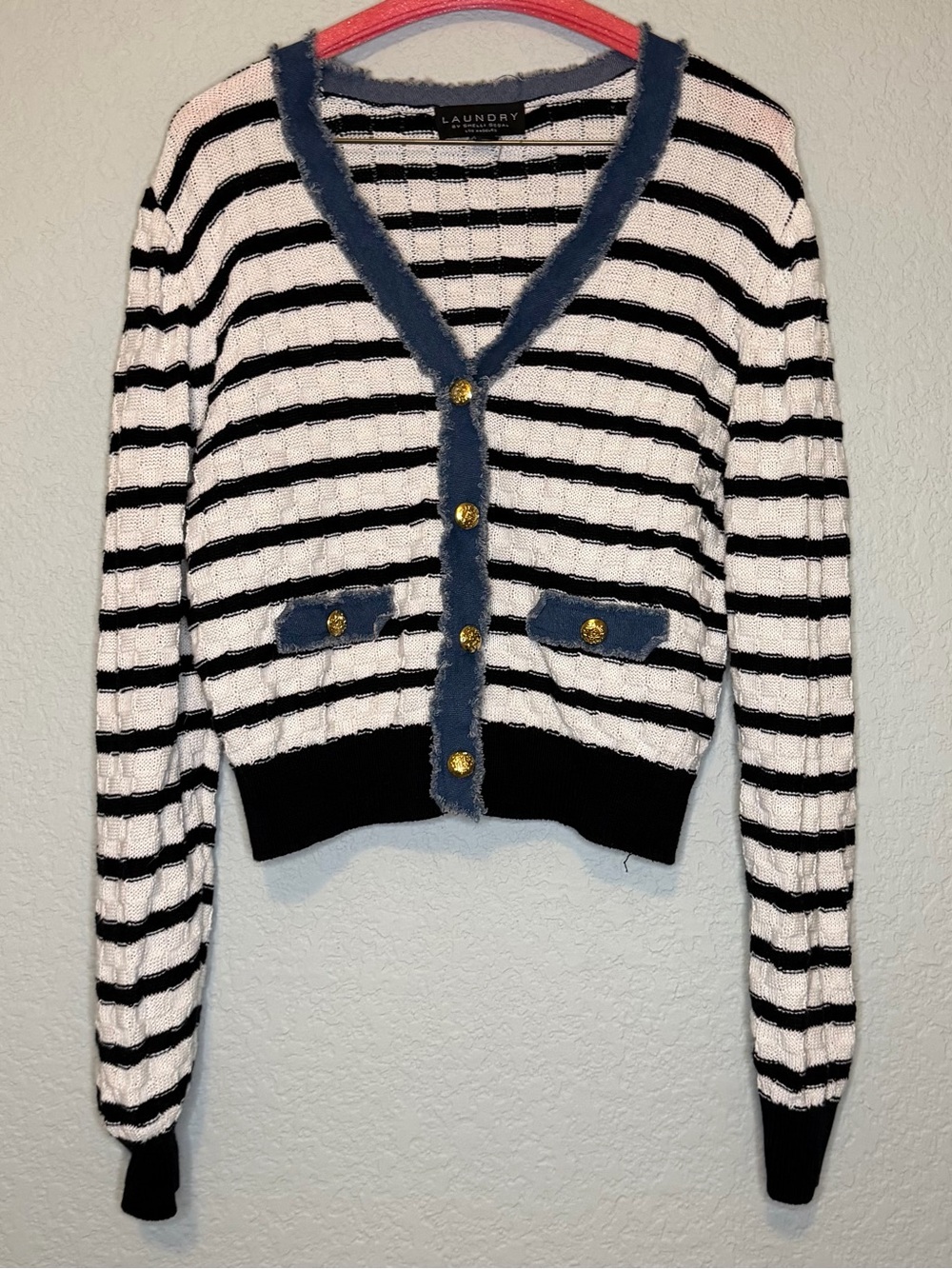 LAUNDRY SHELLI SEGAL Sweater Womens Large White Stripe Button Cardigan Thin Knit